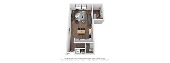 A 3D floor plan of a small apartment with a kitchen, living room, and bedroom.
