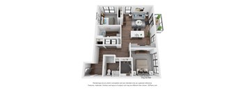 A 3D floor plan of a house with a king size bed.