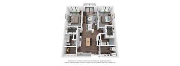 A 3D floor plan of a small apartment with a kitchen, living room, and bedroom.