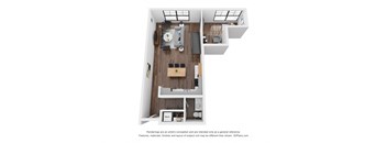 A 3D floor plan of a small apartment with a kitchen, living room, and bedroom.