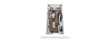A 3D floor plan of a small apartment with a kitchen, dining area, and a living room.