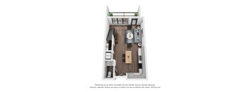 A 3D floor plan of a small apartment with a kitchen, living room, and bathroom.