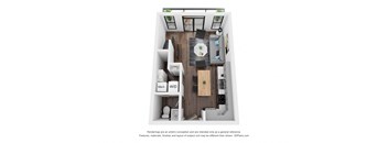 A 3D floor plan of a small apartment with a kitchen, living room, and bathroom.