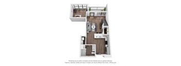 A 3D floor plan of a small apartment with a kitchen, living room, and bathroom.