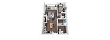 A 3D floor plan of a small apartment with a kitchen, living room, and bathroom.