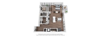 A floor plan of a two-story apartment with a living room, dining room, kitchen, and two bedrooms.