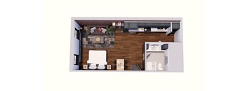 A top-down view of a living room with a couch, chair, and coffee table.