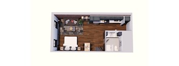 A top-down view of a living room with a couch, chair, and coffee table.