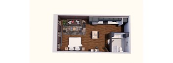 A top-down view of a living room with a couch, coffee table, and television.