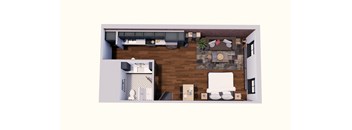 A top-down view of a kitchen with a dining area.