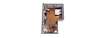 A top-down view of a small apartment with a kitchen, living room, and bathroom.