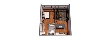 A top down view of a small apartment with a kitchen, living room, and bathroom.
