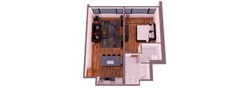 A top down view of a small apartment with a kitchen, living room, and bathroom.