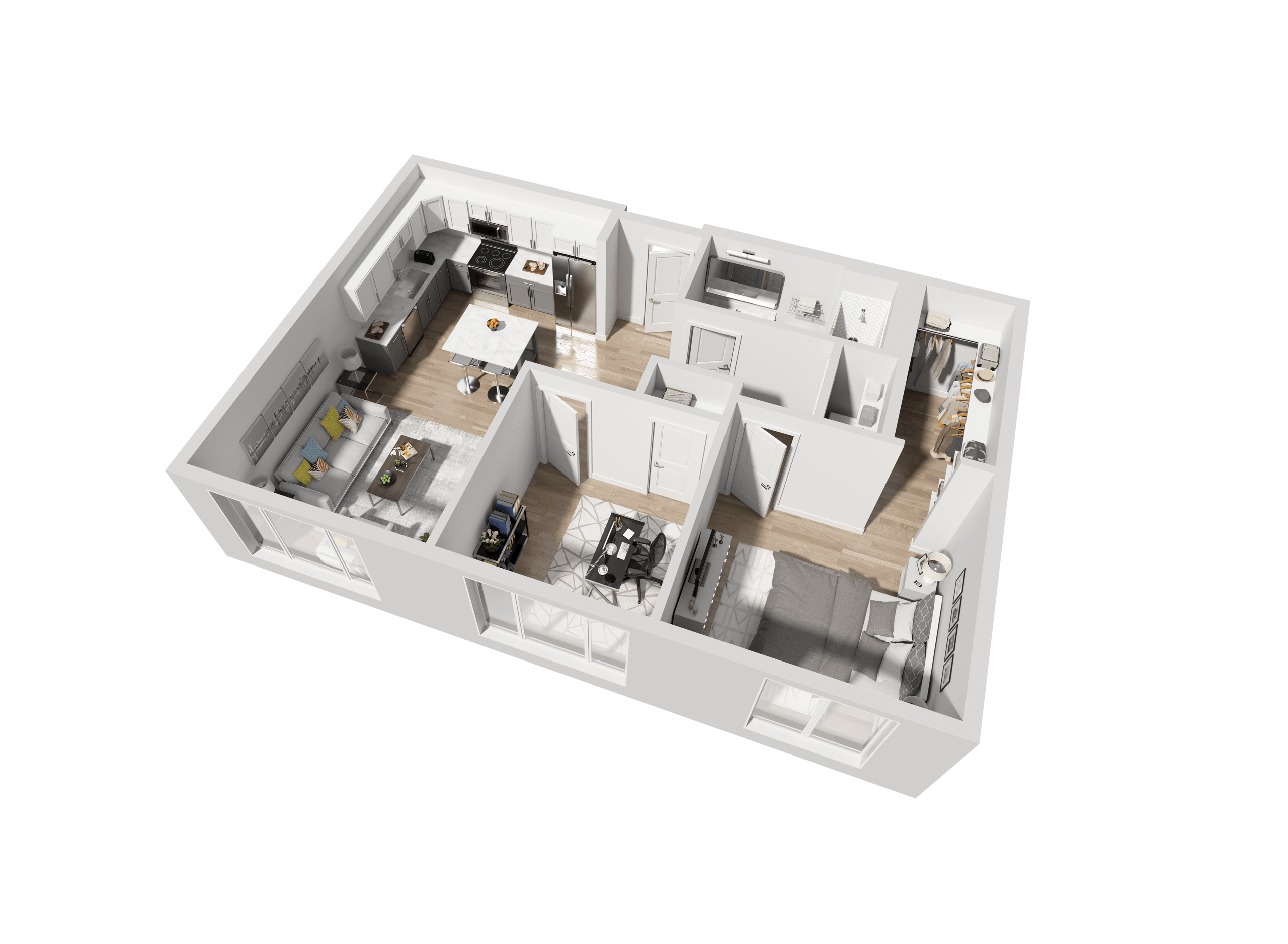 a 3d floor plan of a small apartment