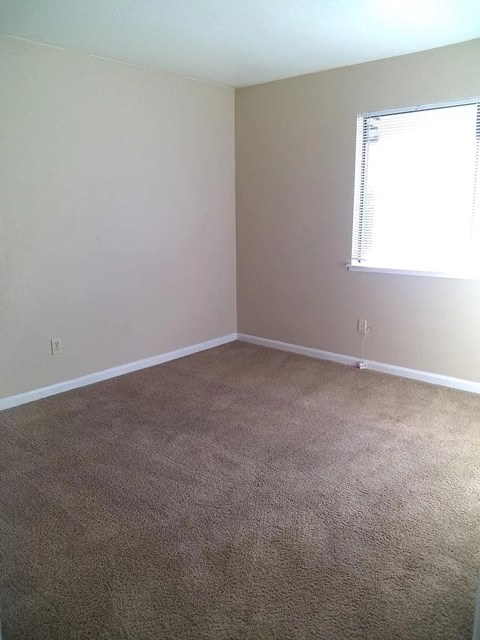 an empty room with carpet and a window