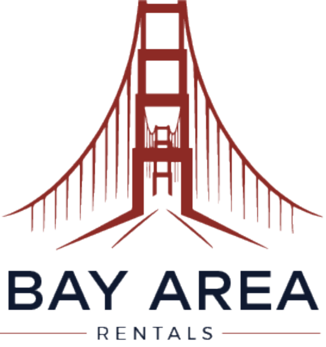a logo for bay area rentals with a bridge on it