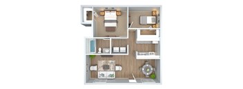 a 3d rendering of a floor plan with a bedroom and living room