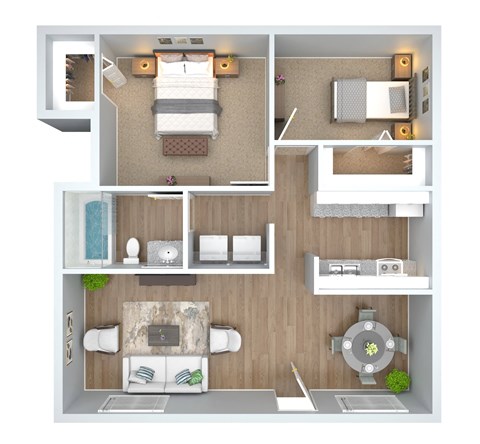 a 3d rendering of a floor plan with a bedroom and living room