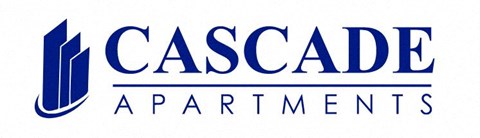 a blue logo with the words cascade apartments
