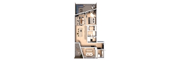 A floor plan of a house with a kitchen, living room, bedrooms and bathrooms.