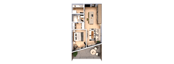 A top-down view of a small apartment with a kitchen, living room, and bathroom.