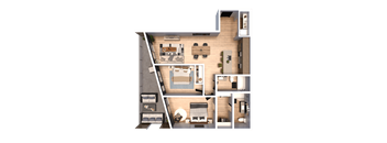 A detailed 3D floor plan of a house showing all rooms and their layouts.