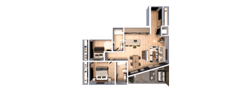 A 3D rendered image of a house layout.