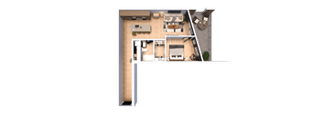A top-down view of a house layout with a kitchen, living room, and bathrooms.