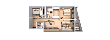A 3D floor plan of a house showing a kitchen, living room, dining room, and two bedrooms.