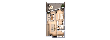 A floor plan of a small apartment with a kitchen, living room, and bathroom.