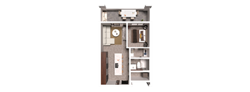 a stylized floor plan of a studio apartment