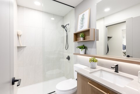 A modern bathroom with a toilet, sink, and mirror.