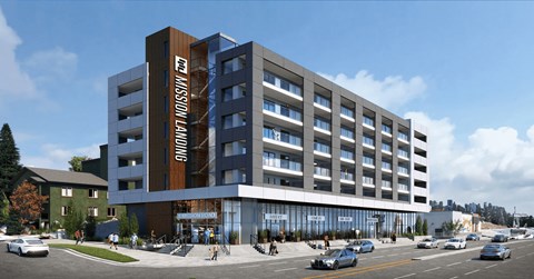 a rendering of a building on the corner of a city street