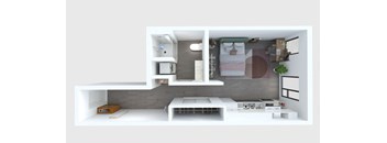 A 3D rendered image of a modern kitchen with a dining area.