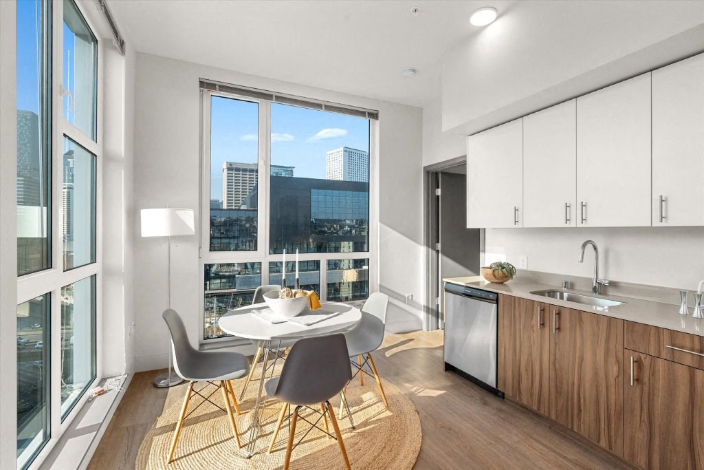 a kitchen with a table and chairs next to a window