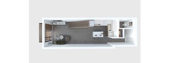 A modern kitchen with a grey countertop and white appliances.