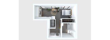 A top-down view of a small, modern apartment with a kitchen, living room, and bathroom.