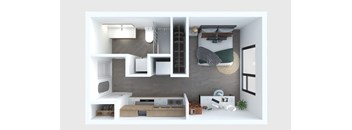 A top-down view of a modern, minimalist apartment with a kitchen, living room, and bedroom.