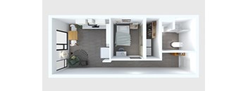 A top-down view of a small, modern apartment with a kitchen, living room, and bedroom.