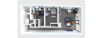 A 3D rendered image of a modern apartment layout.