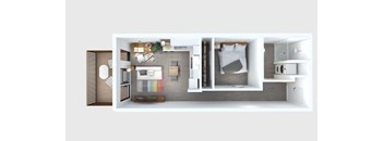 A modern, minimalist interior design of a small apartment with a kitchen, living room, and bedroom.