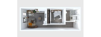 A modern, minimalist bedroom with a bed, nightstand, and a desk with a chair.