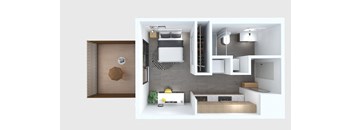 A modern apartment layout with a kitchen, living room, and bathroom.