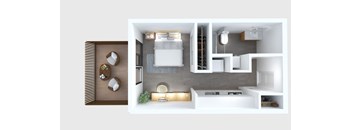A top-down view of a modern kitchen with white cabinets and appliances.