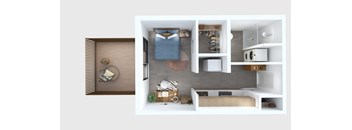 A top-down view of a modern apartment layout with a bedroom, living room, kitchen, and bathroom.