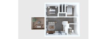 A 3D floor plan of a small apartment with a bedroom, living room, and kitchen.