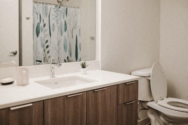 a bathroom with a sink and a toilet and a mirror