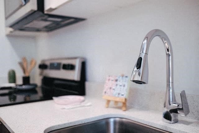 a kitchen sink with a faucet and a stove
