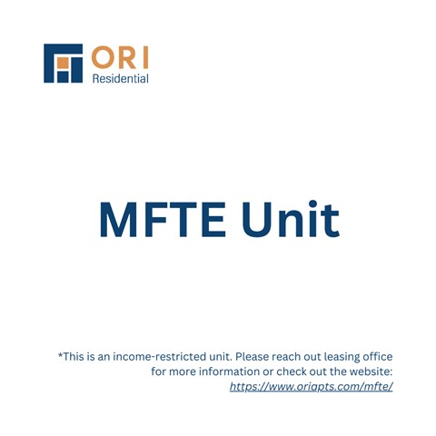 A slide from ORI Residential about MFTE Unit, indicating it is an income-restricted unit and providing a website for more information.