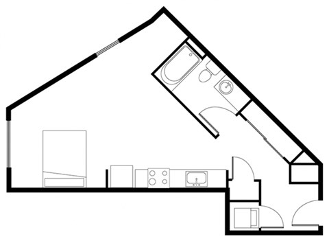 A black and white drawing of a house with a kitchen and living room.